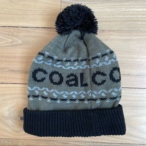 Coal Headware: Knit Black & Taupe Grey Fleece-Lined Beanie with Pom-Pom